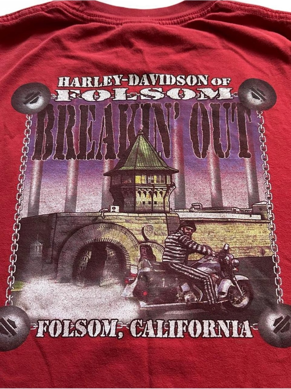 Harley-Davidson Red Tee with Purple & Yellow Folsom Breakin' Out Graphic 2XL